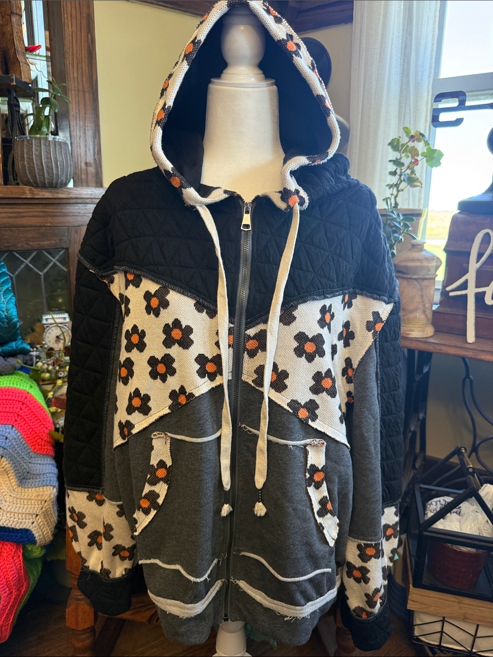 FALLING FOR AUTUMN QUILTED SWEATER Patchwork Hooded Zip Jacket